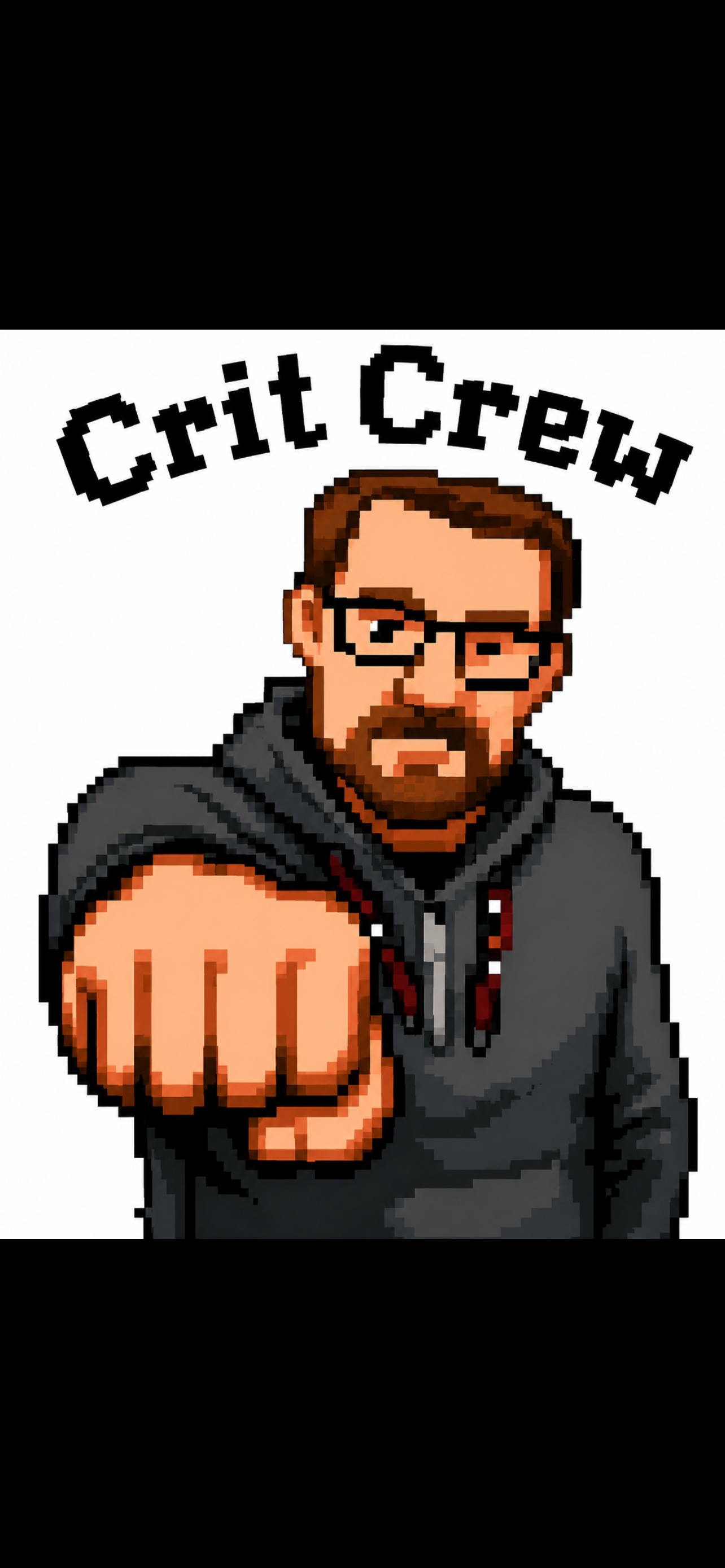 Pixel-art portrait of Crit Happens, the author, wearing glasses and a gray hoodie