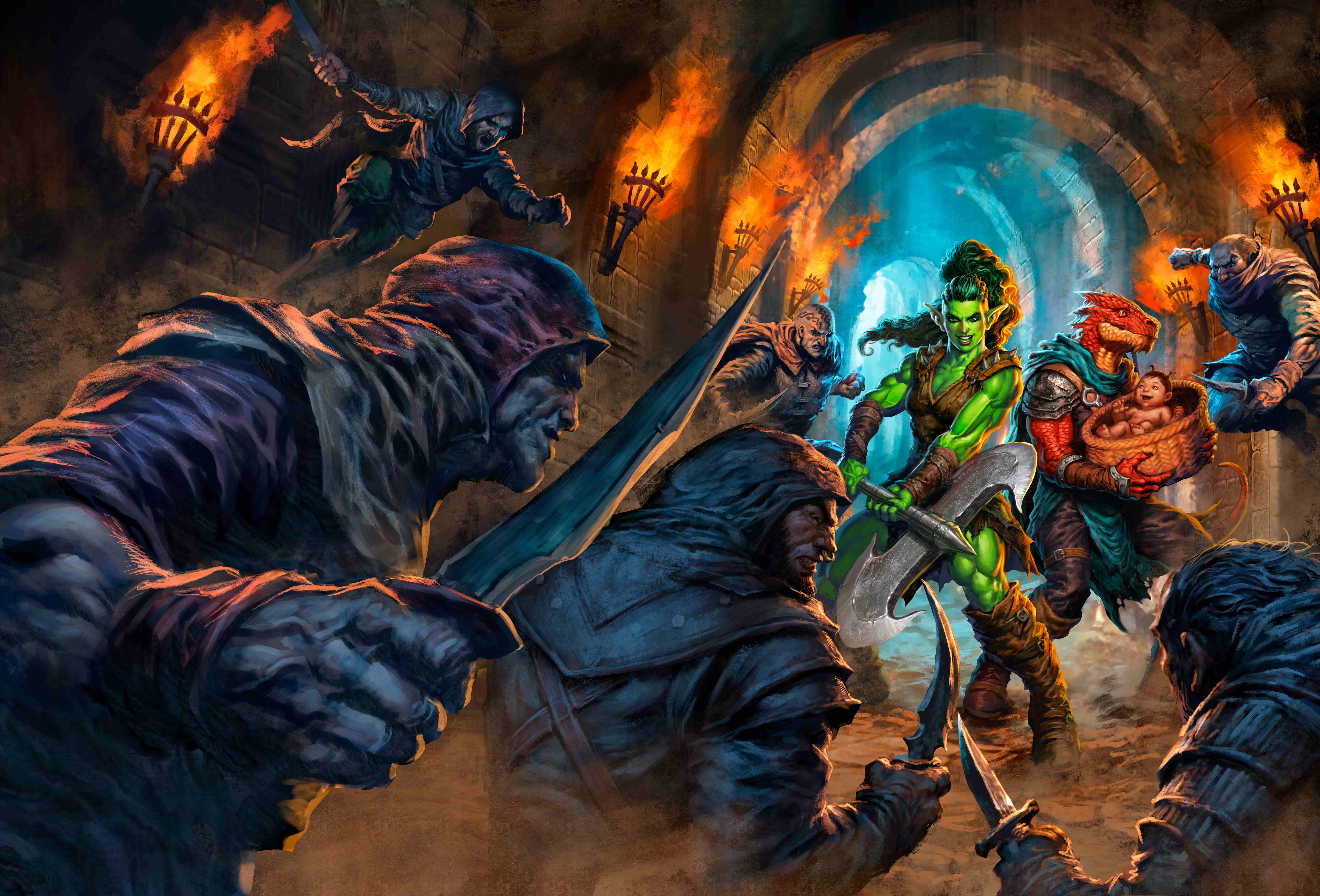 Painted cover art of Kobolds, Mimics and Orcs! Oh My!: a green orc warrior wielding a battle axe, a dragon-kin cradling a baby, a kobold rogue, and cloaked adventurers clashing inside a torch-lit stone dungeon corridor lit by an eerie blue glow.